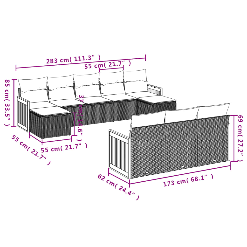 10-dijelni set vrtnih sofa s jastucima crni od poliratana