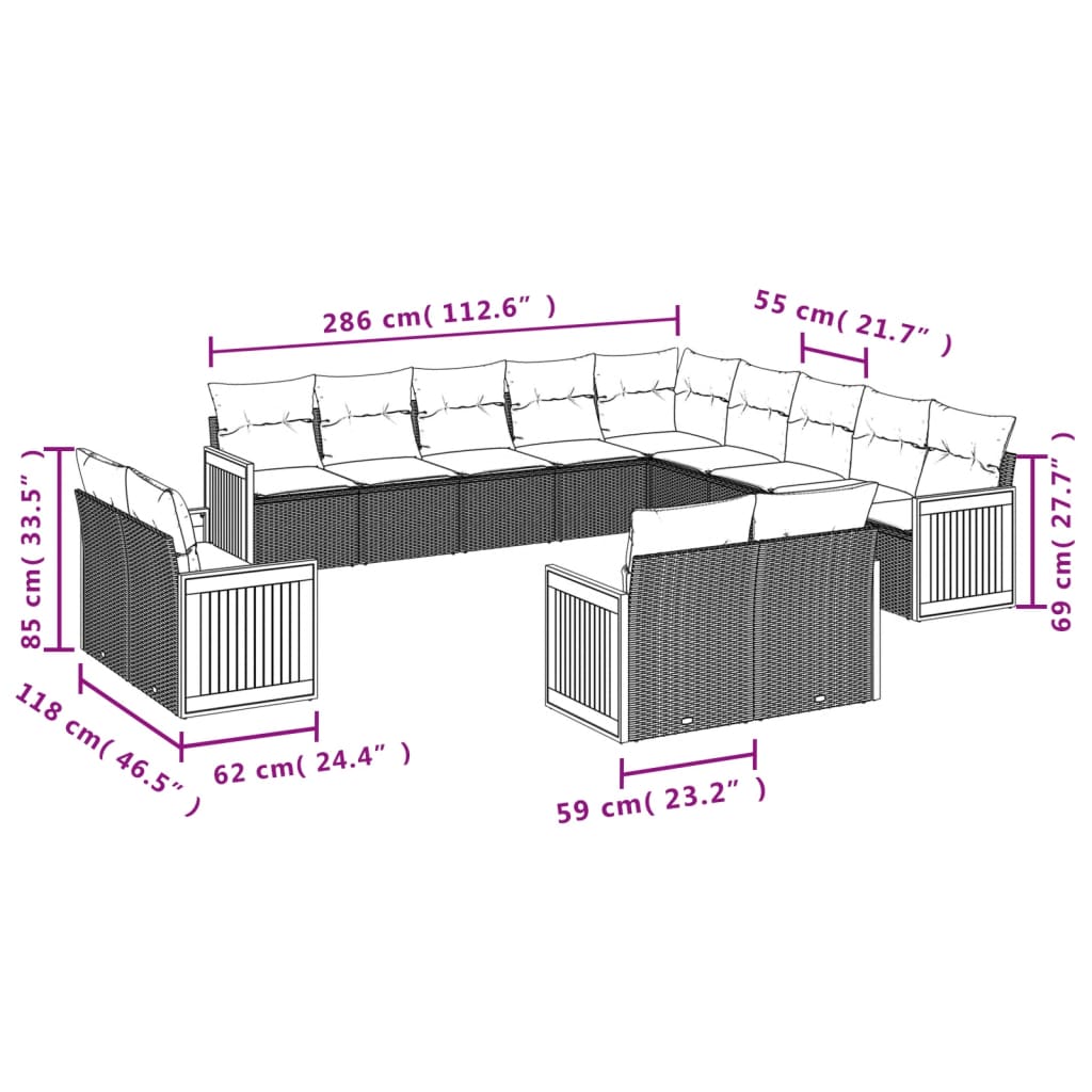 13-dijelni set vrtnih sofa od poliratana s jastucima sivi