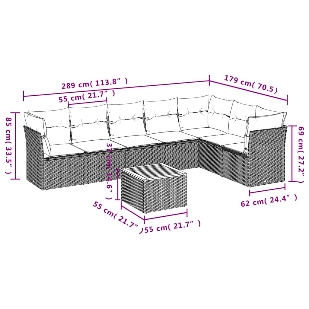8-dijelni set vrtnih sofa od poliratana s jastucima crni