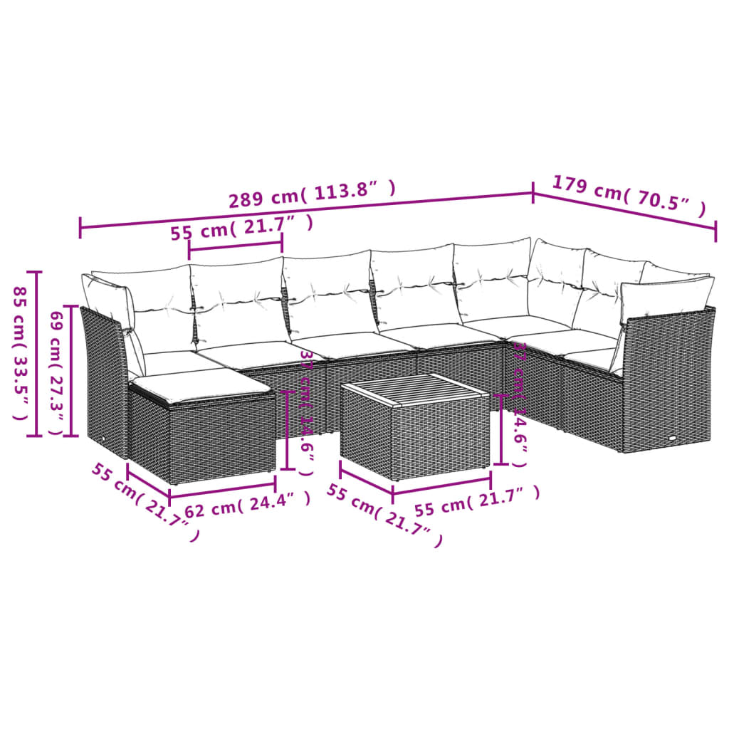 9-dijelni set vrtnih sofa s jastucima crni od poliratana