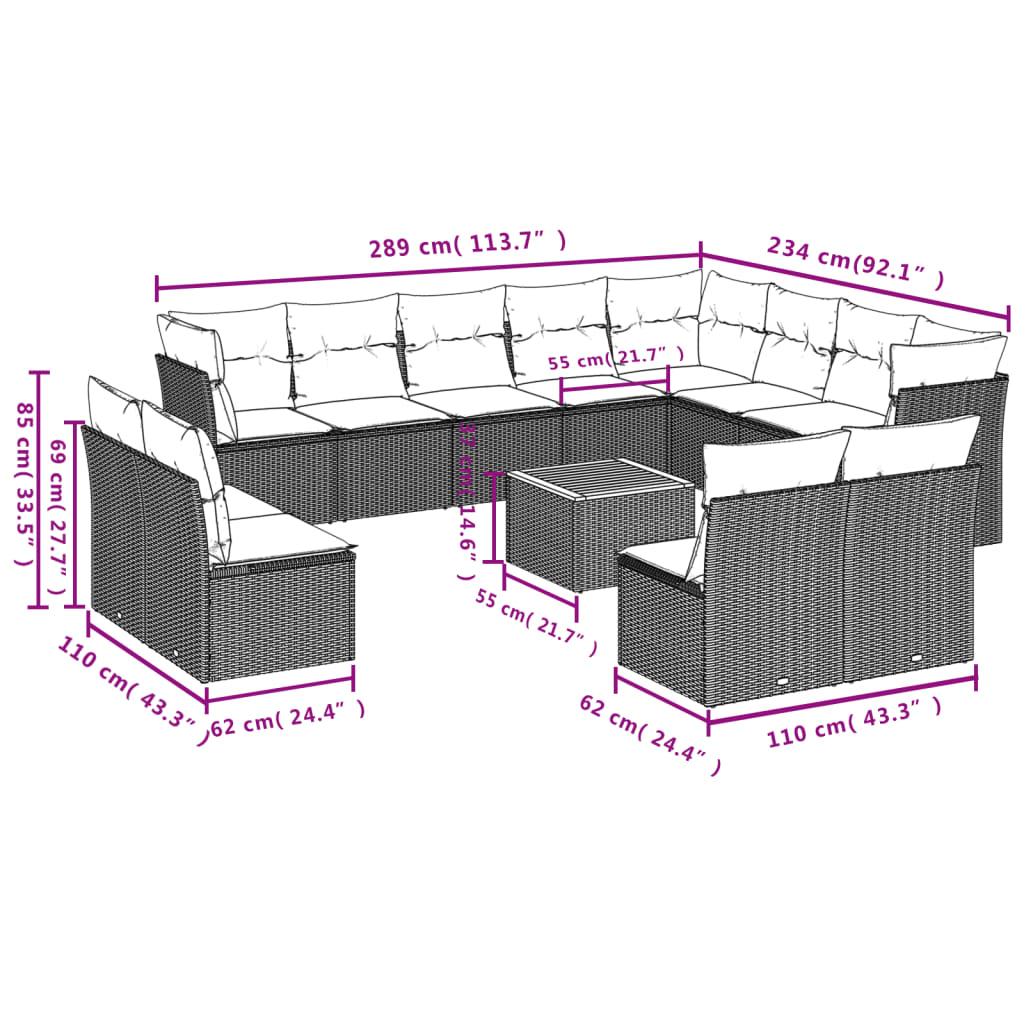 13-dijelni set vrtnih sofa s jastucima poliratan crni
