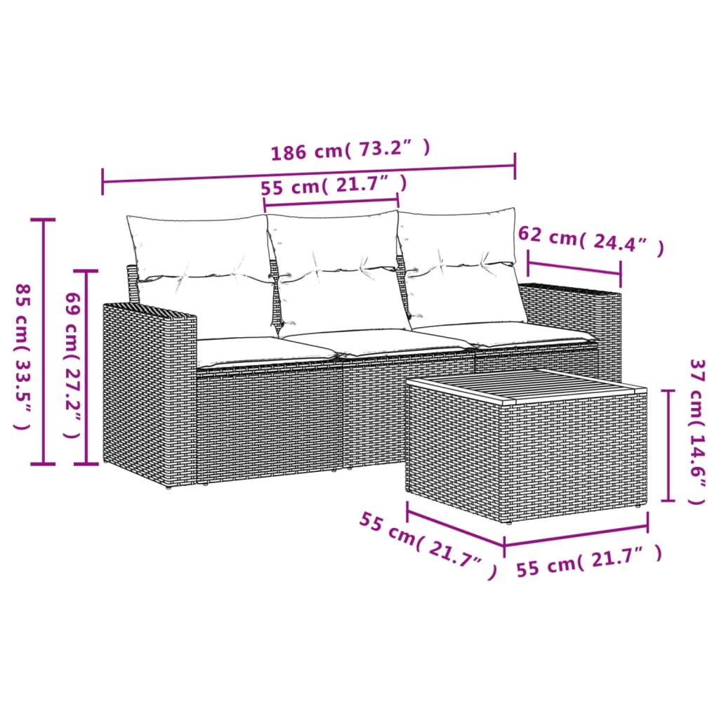 4-dijelni set vrtnih sofa od poliratana s jastucima crni