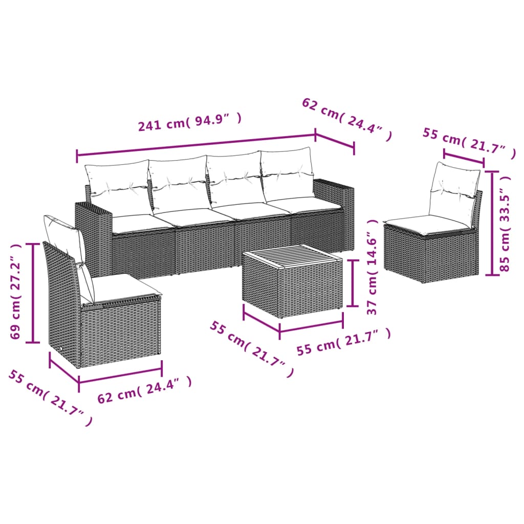 7-dijelni set vrtnih sofa od poliratana s jastucima crni