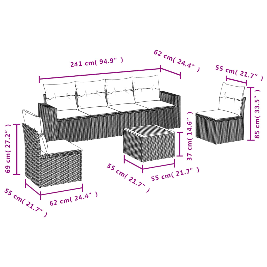7-dijelni set vrtnih sofa od poliratana s jastucima crni