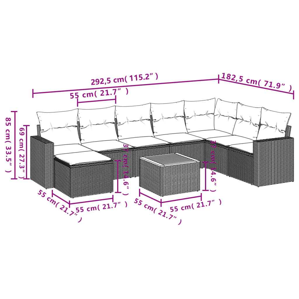9-dijelni set vrtnih sofa s jastucima bež od poliratana