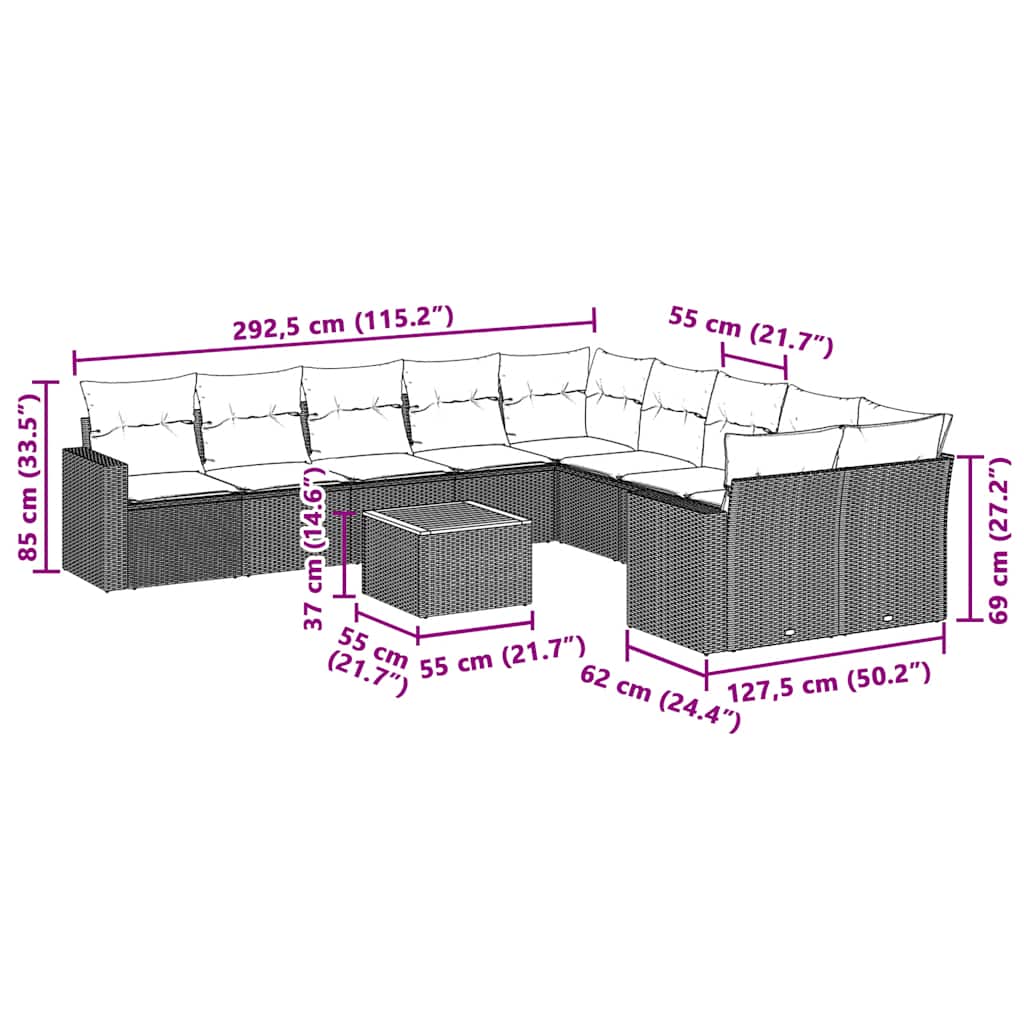 11-dijelni set vrtnih sofa od poliratana s jastucima crni