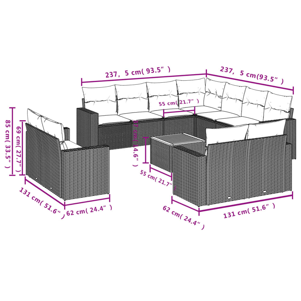 12-dijelni set vrtnih sofa od poliratana s jastucima crni