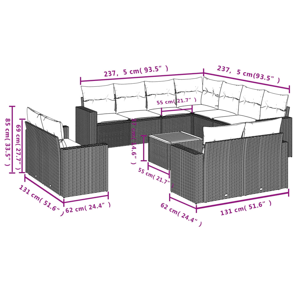 12-dijelni set vrtnih sofa od poliratana s jastucima crni
