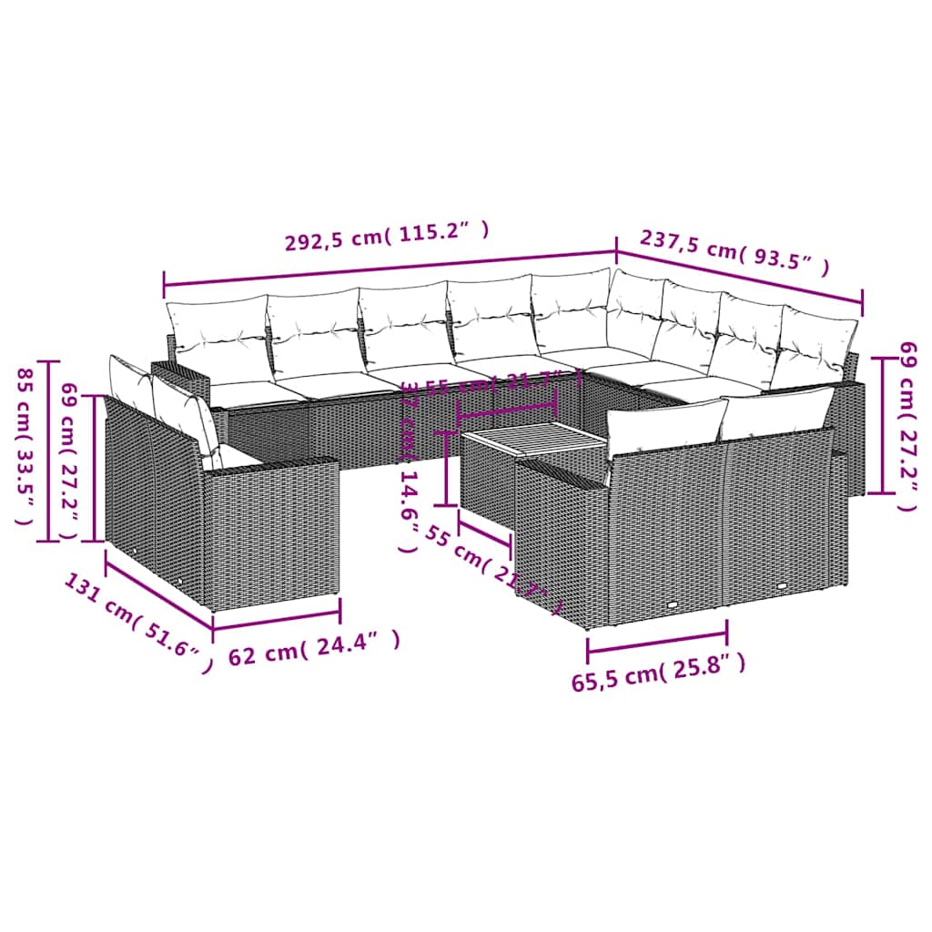 13-dijelni set vrtnih sofa s jastucima poliratan crni