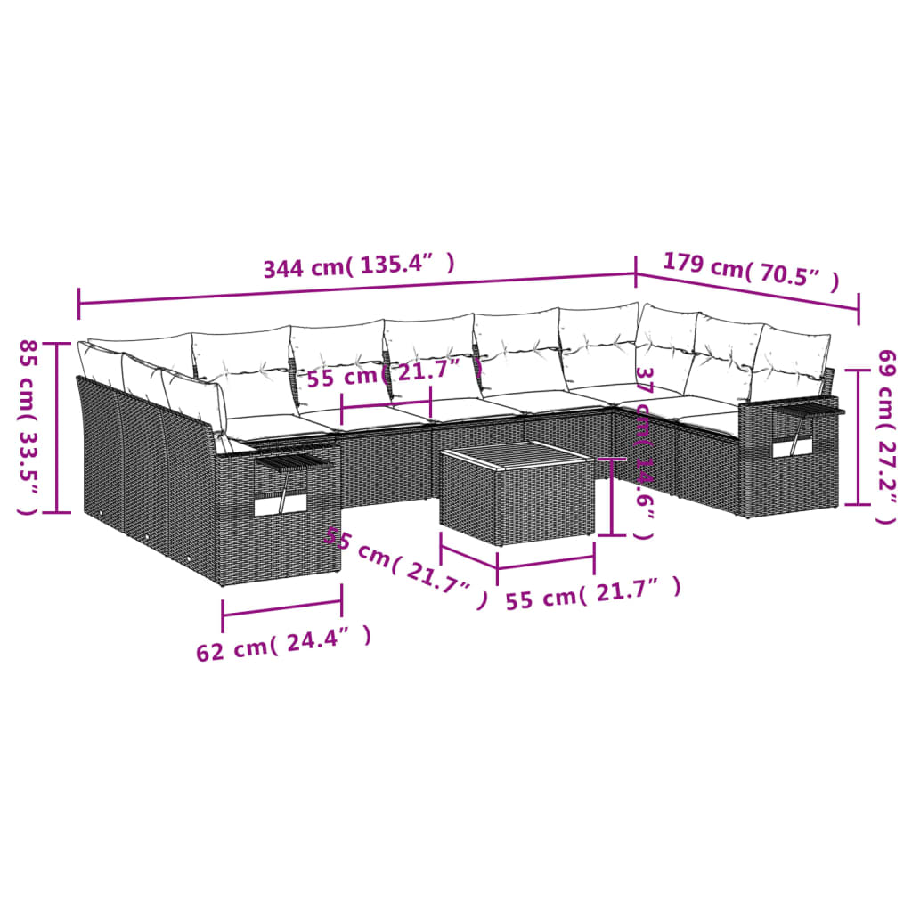 11-dijelni set vrtnih sofa od poliratana s jastucima crni Crna 62 x 62 x 69 cm