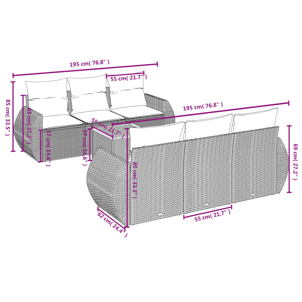 7-dijelni set vrtnih sofa od poliratana s jastucima crni Crna 70 x 62 x 69 cm