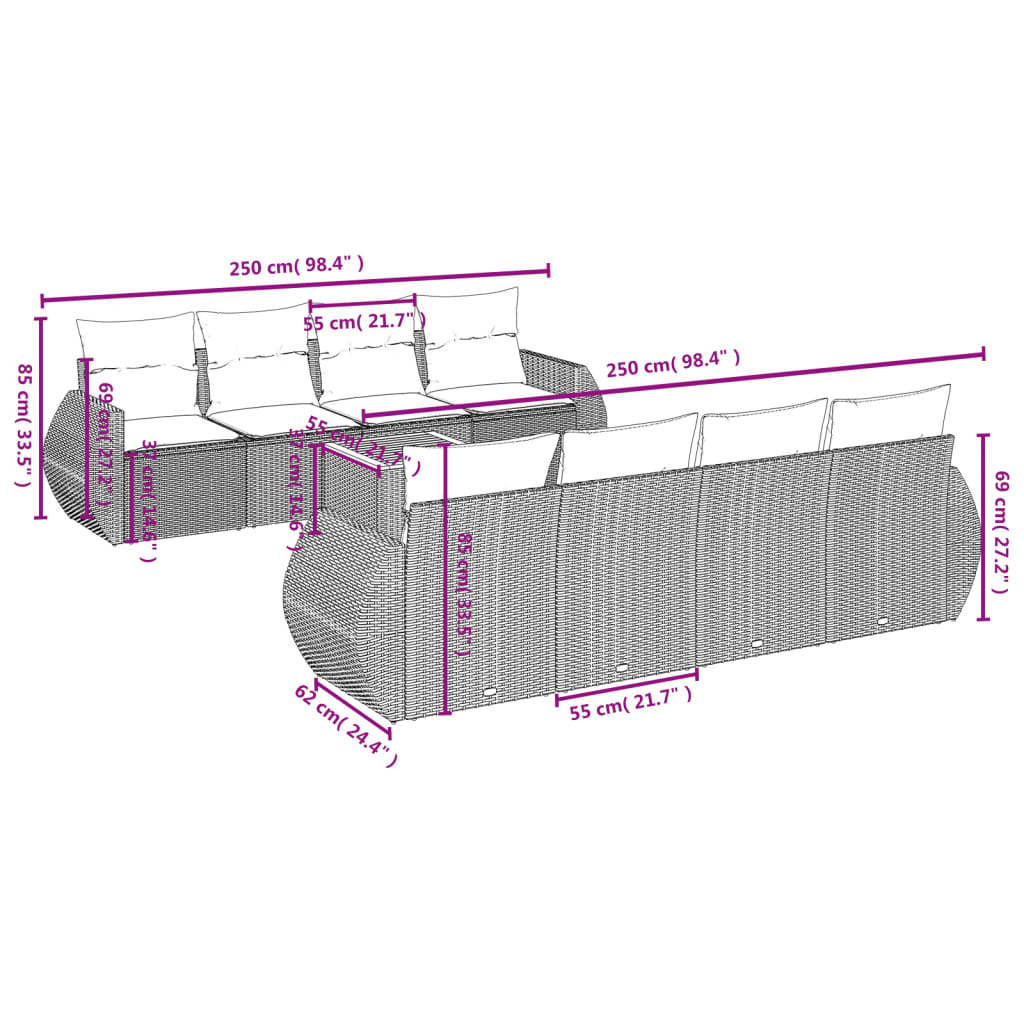 9-dijelni set vrtnih sofa s jastucima bež od poliratana 70 x 62 x 69 cm