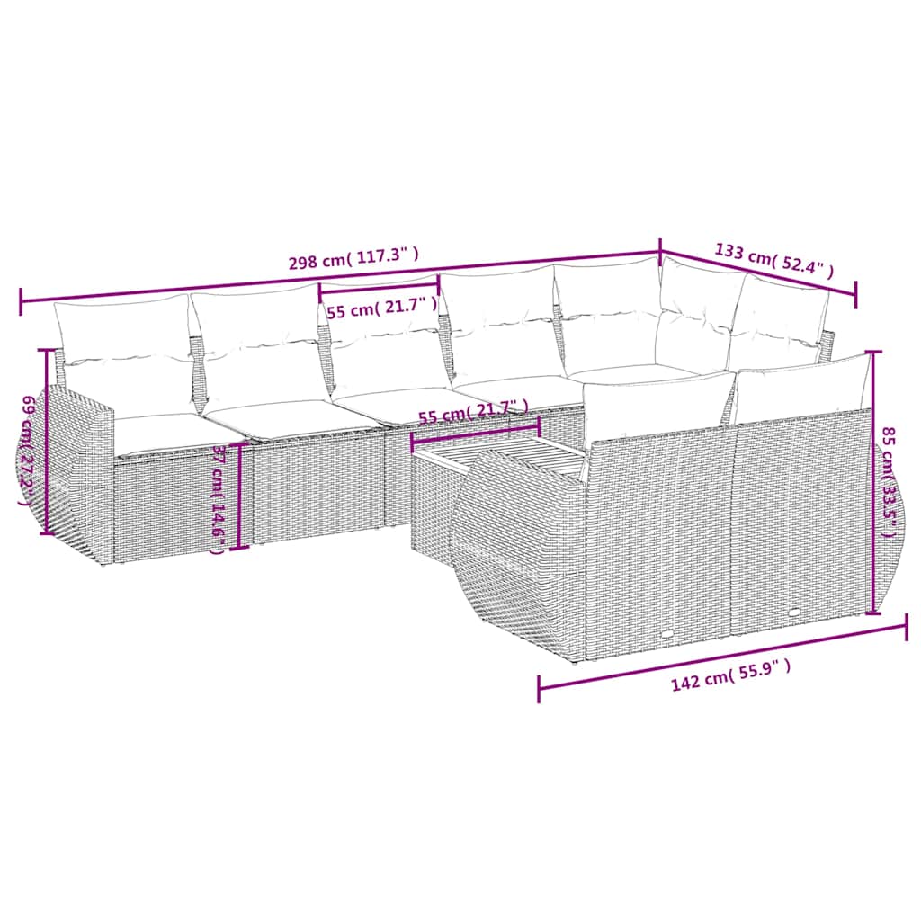 Vrtni set od 9 dijelova s jastucima, crni poliratan