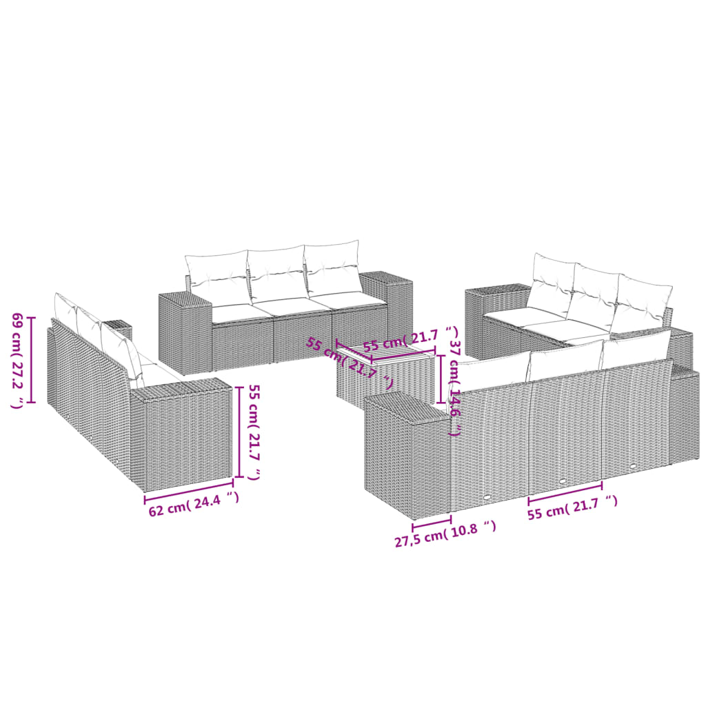 13-dijelni set vrtnih sofa od poliratana s jastucima sivi
