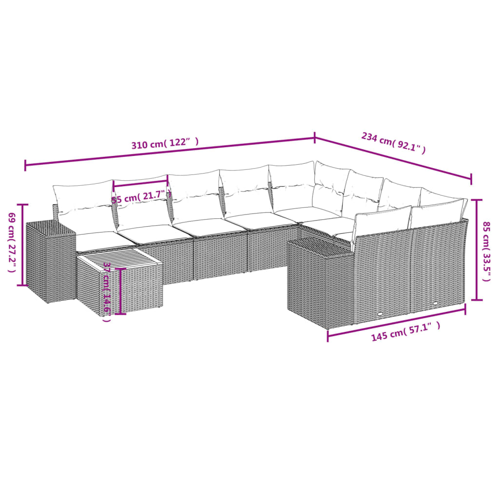 10-dijelni set vrtnih sofa s jastucima bež od poliratana 83 x 62 x 69 cm