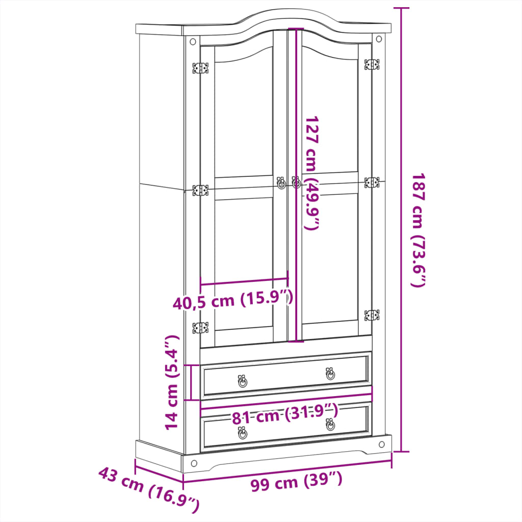 Vitrina sa staklom Corona 99x43x187 cm masivna borovina
