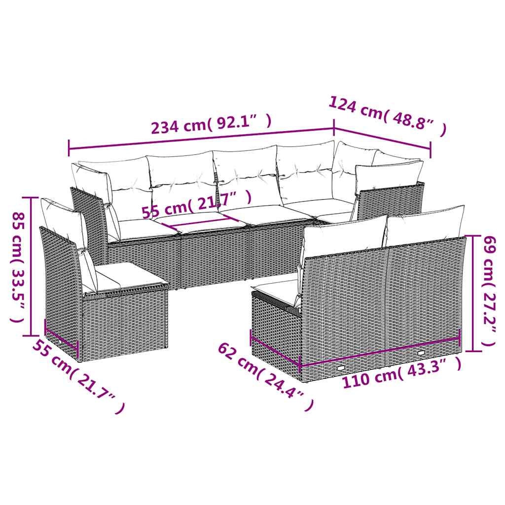8-dijelni set vrtnih sofa od poliratana s jastucima crni