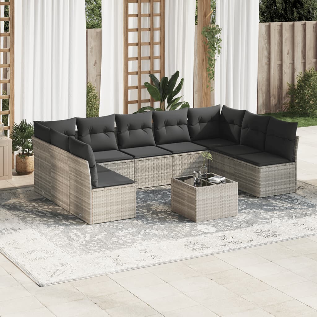 10-dijelni set vrtnih sofa poliratan s jastucima svijetlosivi