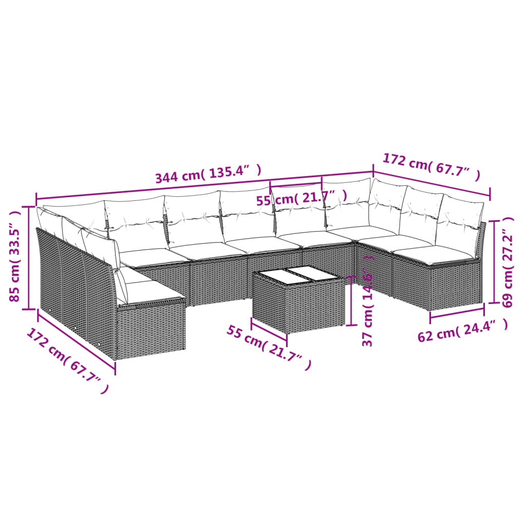 11-dijelni set vrtnih sofa od poliratana s jastucima crni