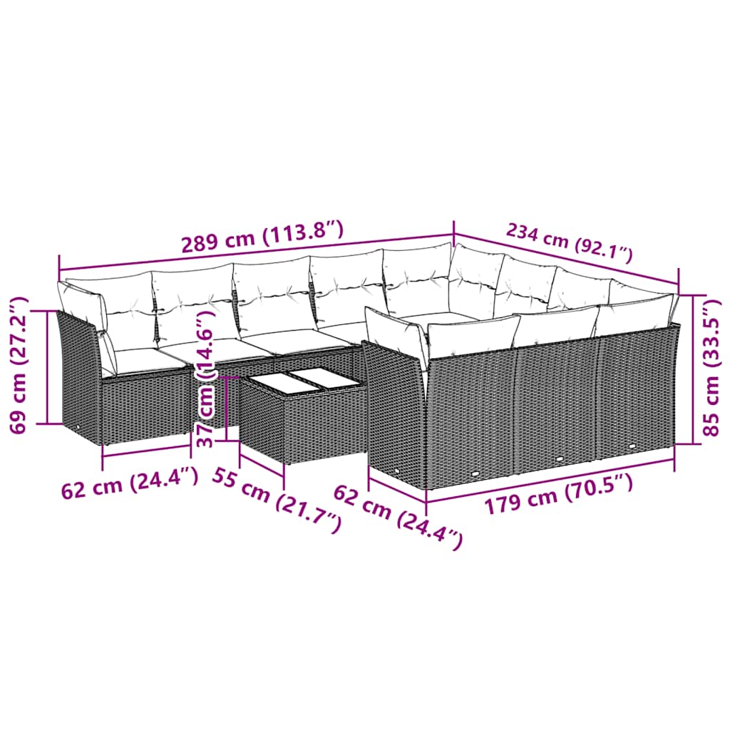 11-dijelni set vrtnih sofa poliratan s jastucima svijetlosivi