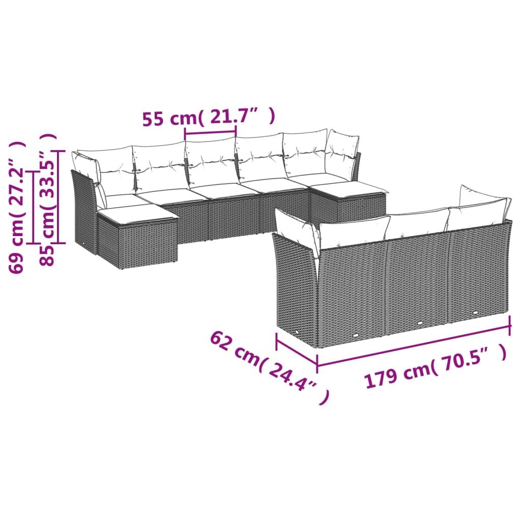 10-dijelni set vrtnih sofa s jastucima bež od poliratana