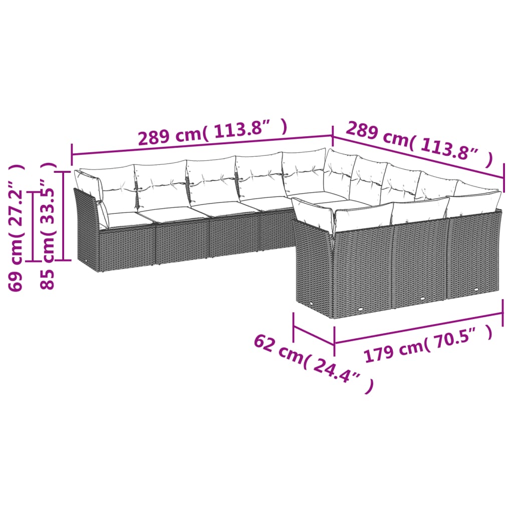 11-dijelni set vrtnih sofa od poliratana s jastucima sivi