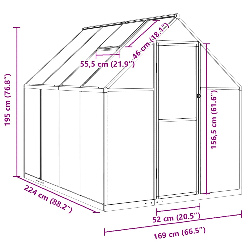 Staklenik s okvirom srebrni 224 x 169 x 195 cm aluminijski