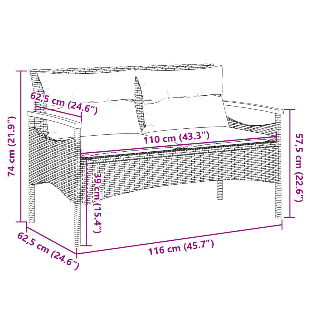 Vrtna klupa s jastucima 116 x 62,5 x 74 cm bež od poliratana