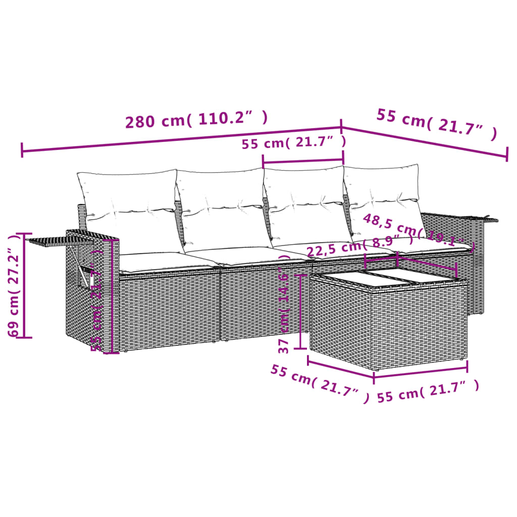 5-dijelni vrtni set sofa s jastucima bež od poliratana