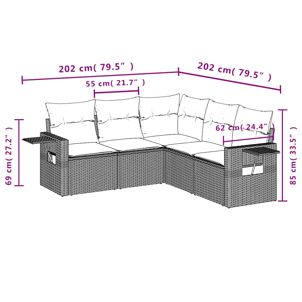 5-dijelni set vrtnih sofa s jastucima poliratan smeđi