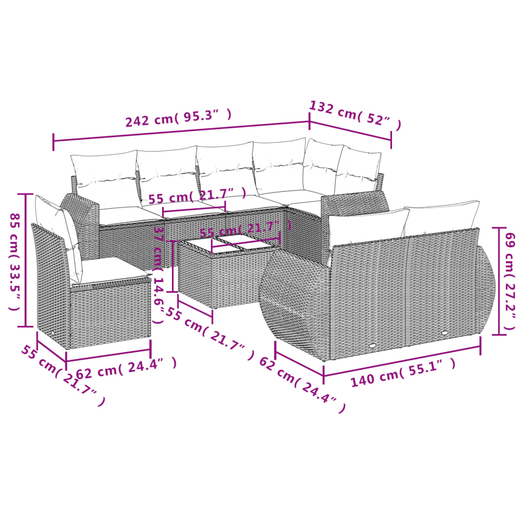 9-dijelni set vrtnih sofa s jastucima crni od poliratana