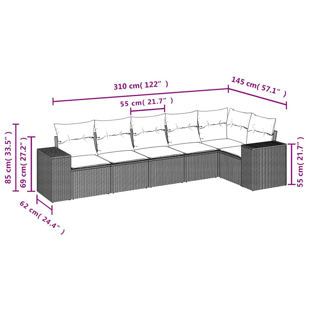 6-dijelni set vrtnih sofa od poliratana s jastucima sivi