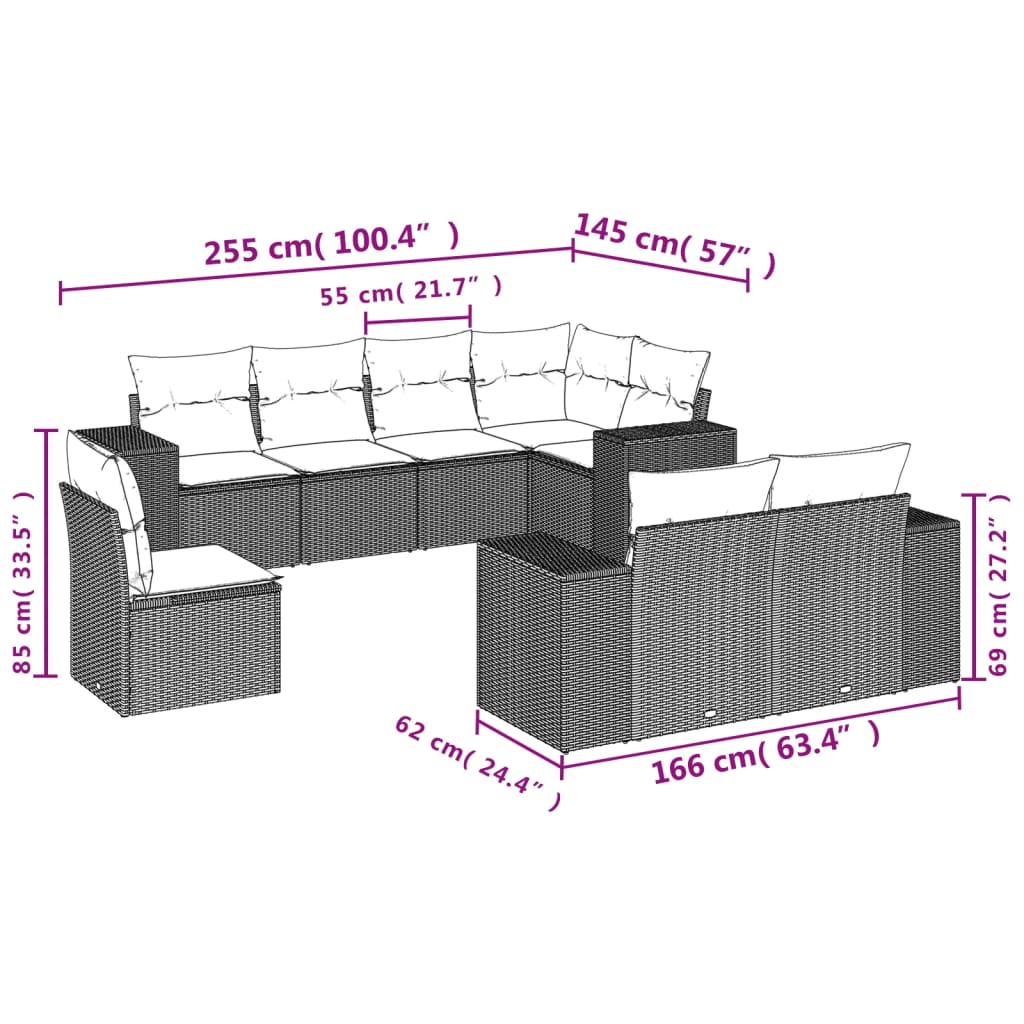 8-dijelni set vrtnih sofa od poliratana s jastucima crni