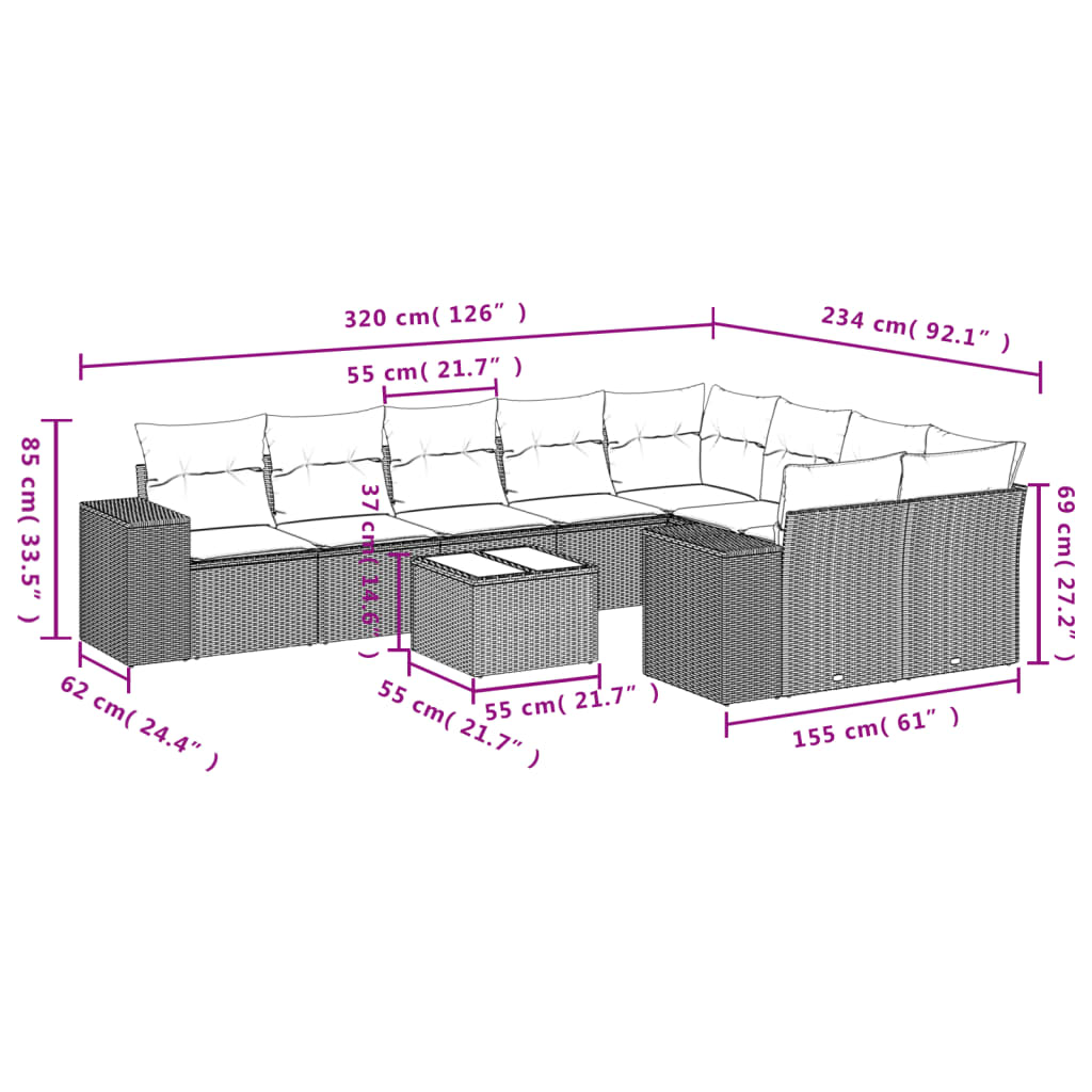 10-dijelni set vrtnih sofa s jastucima crni od poliratana