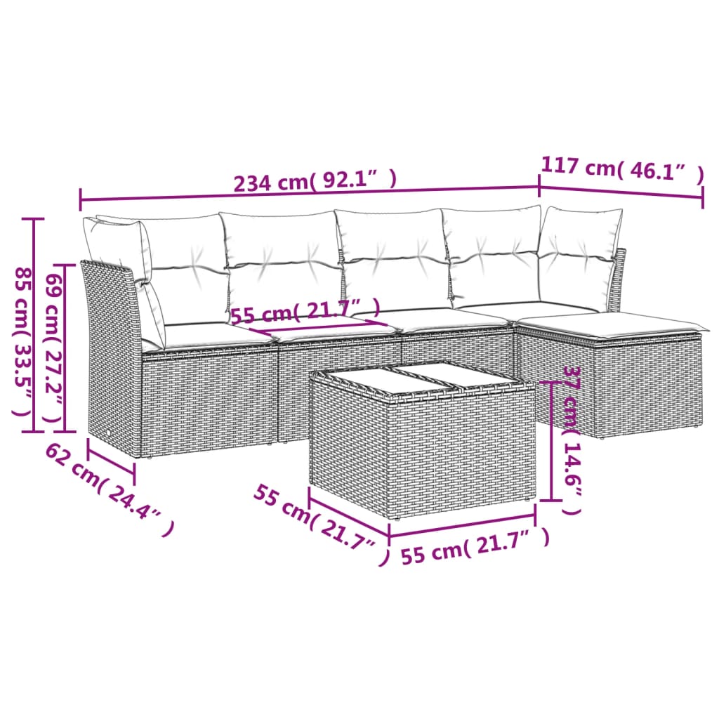 6-dijelni set vrtnih sofa s jastucima crni od poliratana