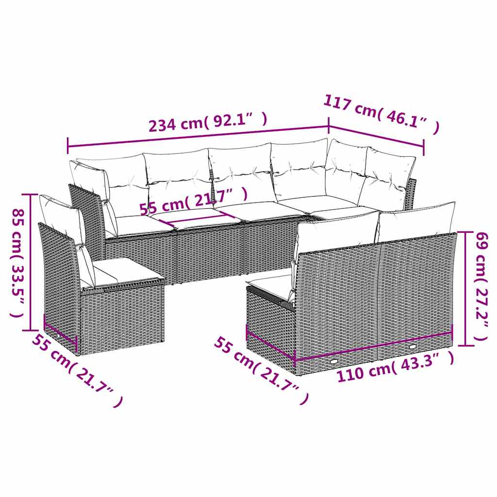 8-dijelni set vrtnih sofa od poliratana s jastucima crni