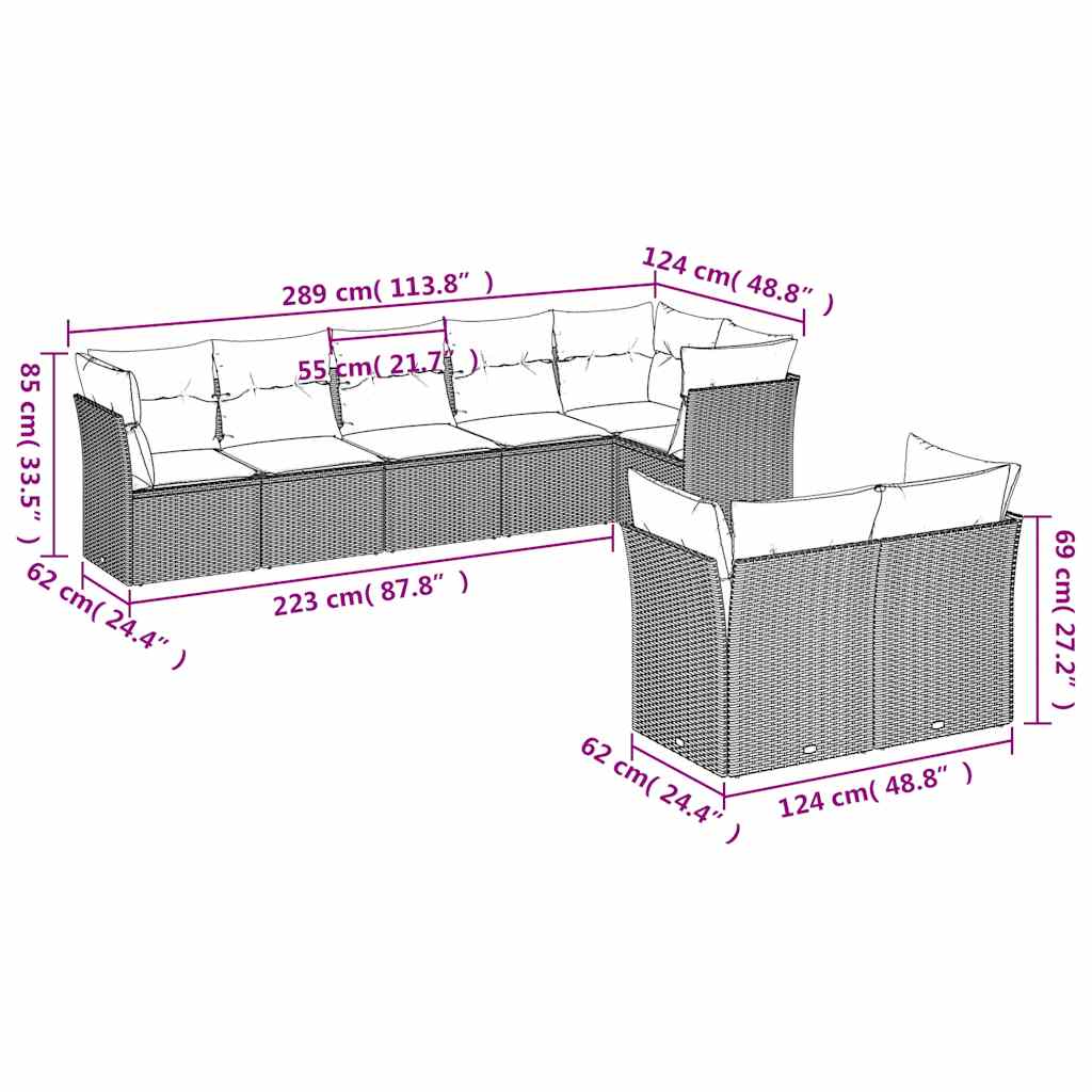8-dijelni set vrtnih sofa od poliratana s jastucima crni