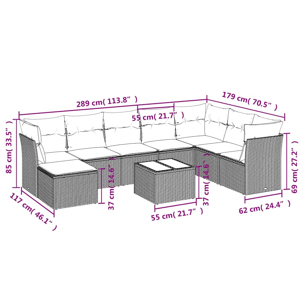 9-dijelni set vrtnih sofa s jastucima crni od poliratana
