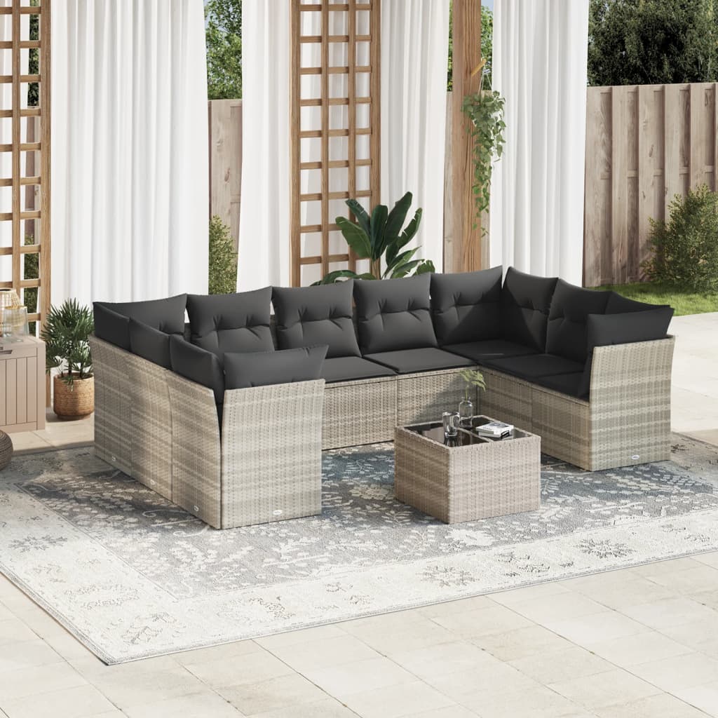 10-dijelni set vrtnih sofa poliratan s jastucima svijetlosivi