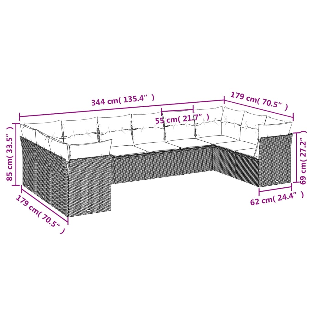 10-dijelni set vrtnih sofa s jastucima bež od poliratana 62 x 62 x 69 cm