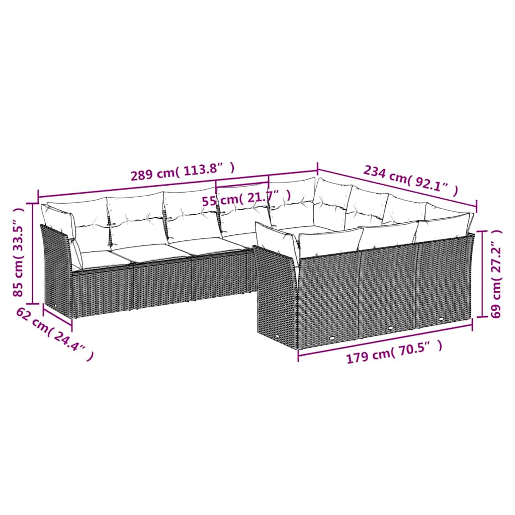10-dijelni set vrtnih sofa s jastucima crni od poliratana