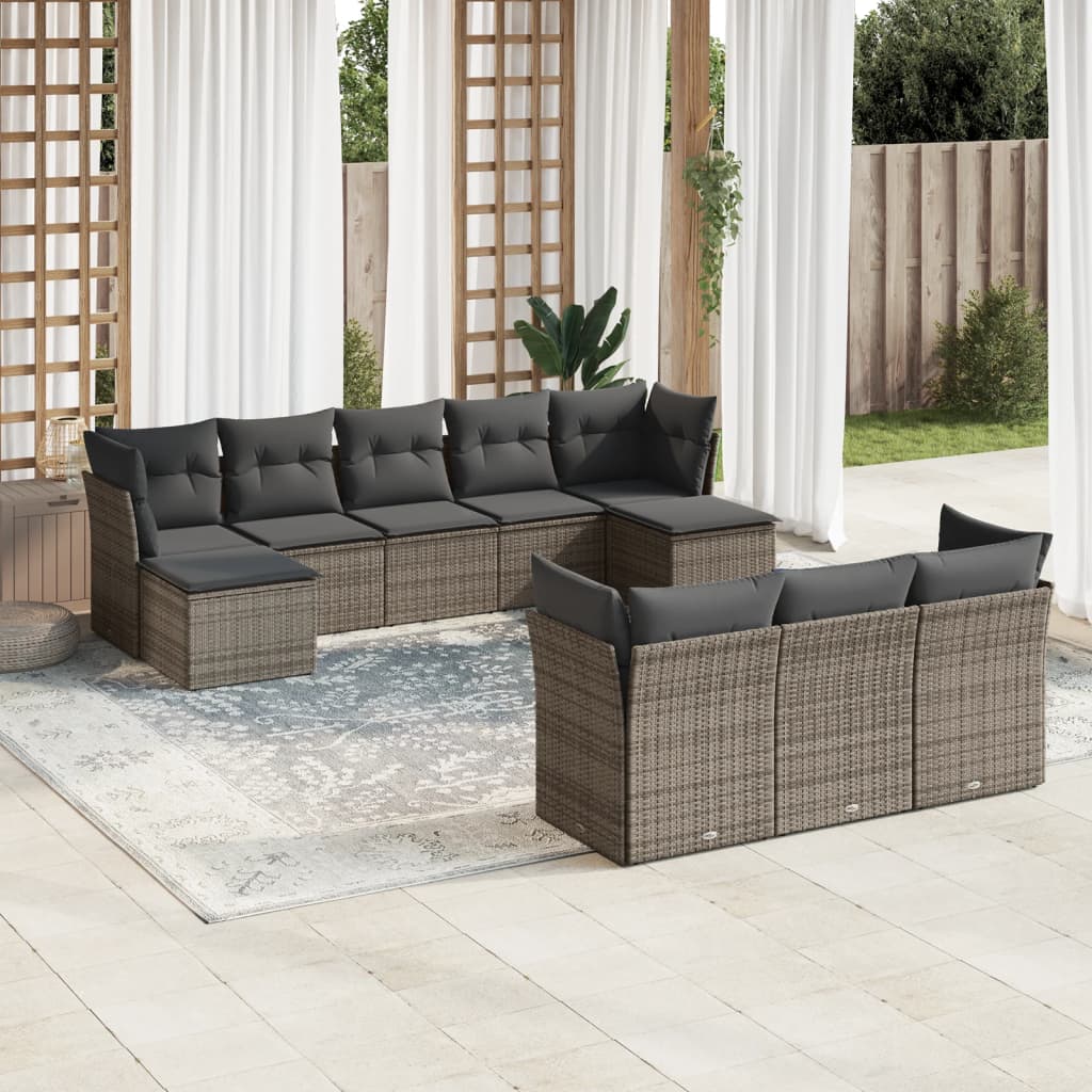10-dijelni set vrtnih sofa od poliratana s jastucima sivi