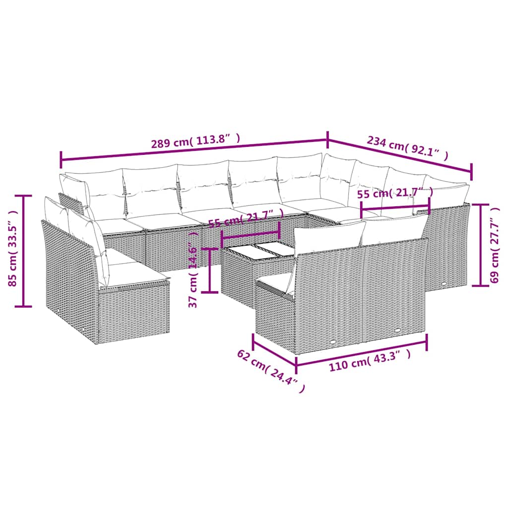 13-dijelni set vrtnih sofa s jastucima poliratan crni