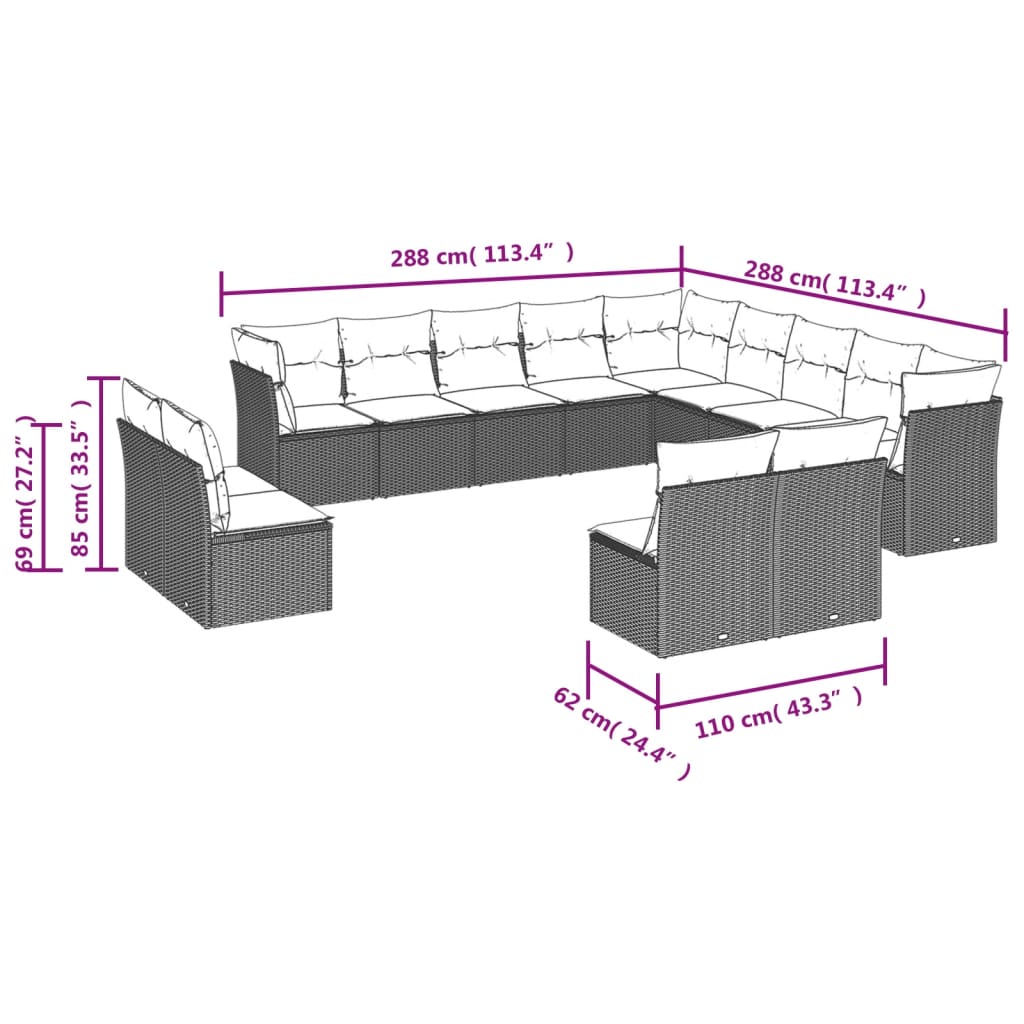 13-dijelni set vrtnih sofa od poliratana s jastucima sivi