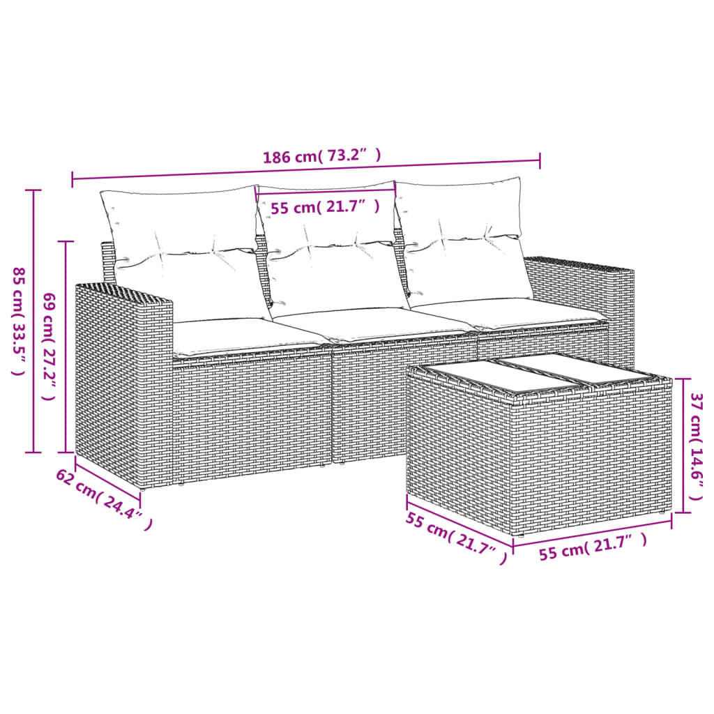 4-dijelni set vrtnih sofa od poliratana s jastucima crni
