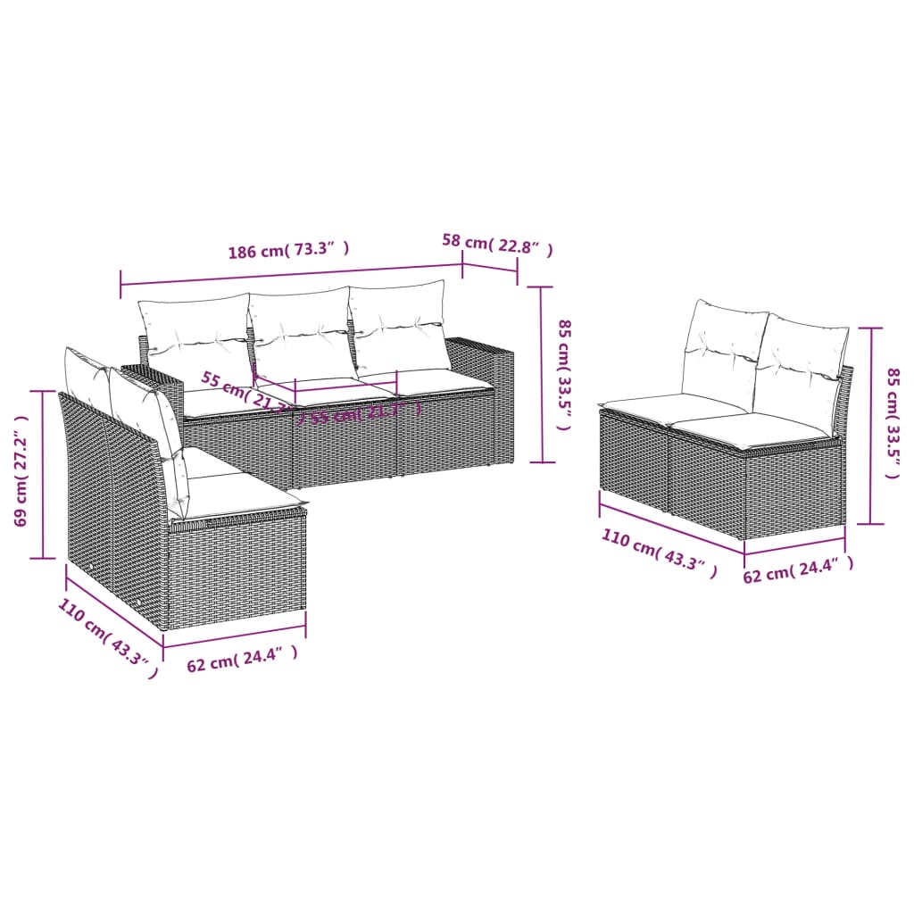 7-dijelni set vrtnih sofa od poliratana s jastucima bež 66 x 62 x 69 cm