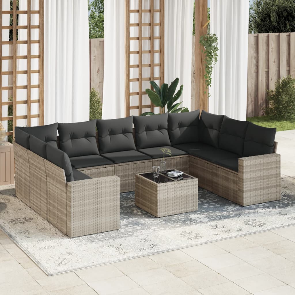 10-dijelni set vrtnih sofa poliratan s jastucima svijetlosivi