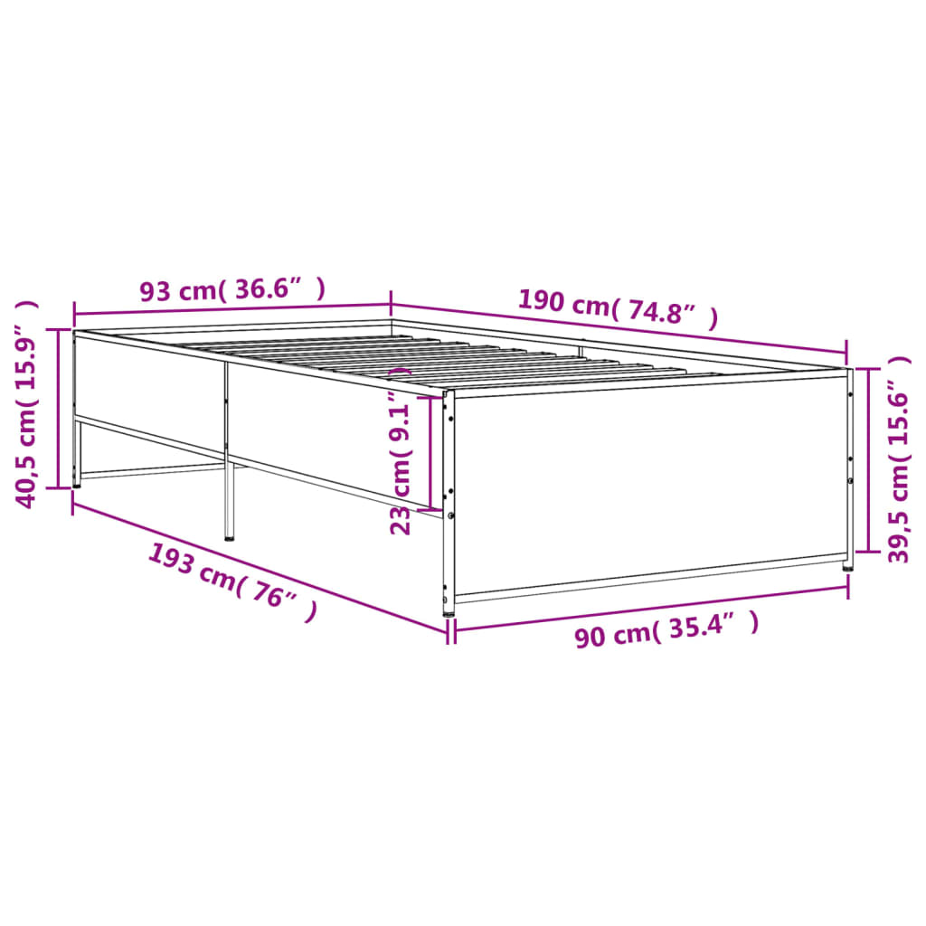 Okvir krevet boja hrasta 90 x 190 cm konstruirano drvo i metal