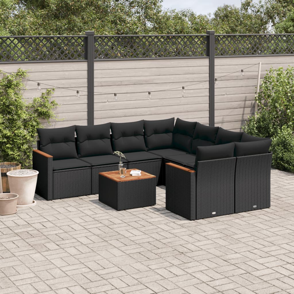 9-dijelni set vrtnih sofa s jastucima crni od poliratana Crna 62 x 62 x 69 cm