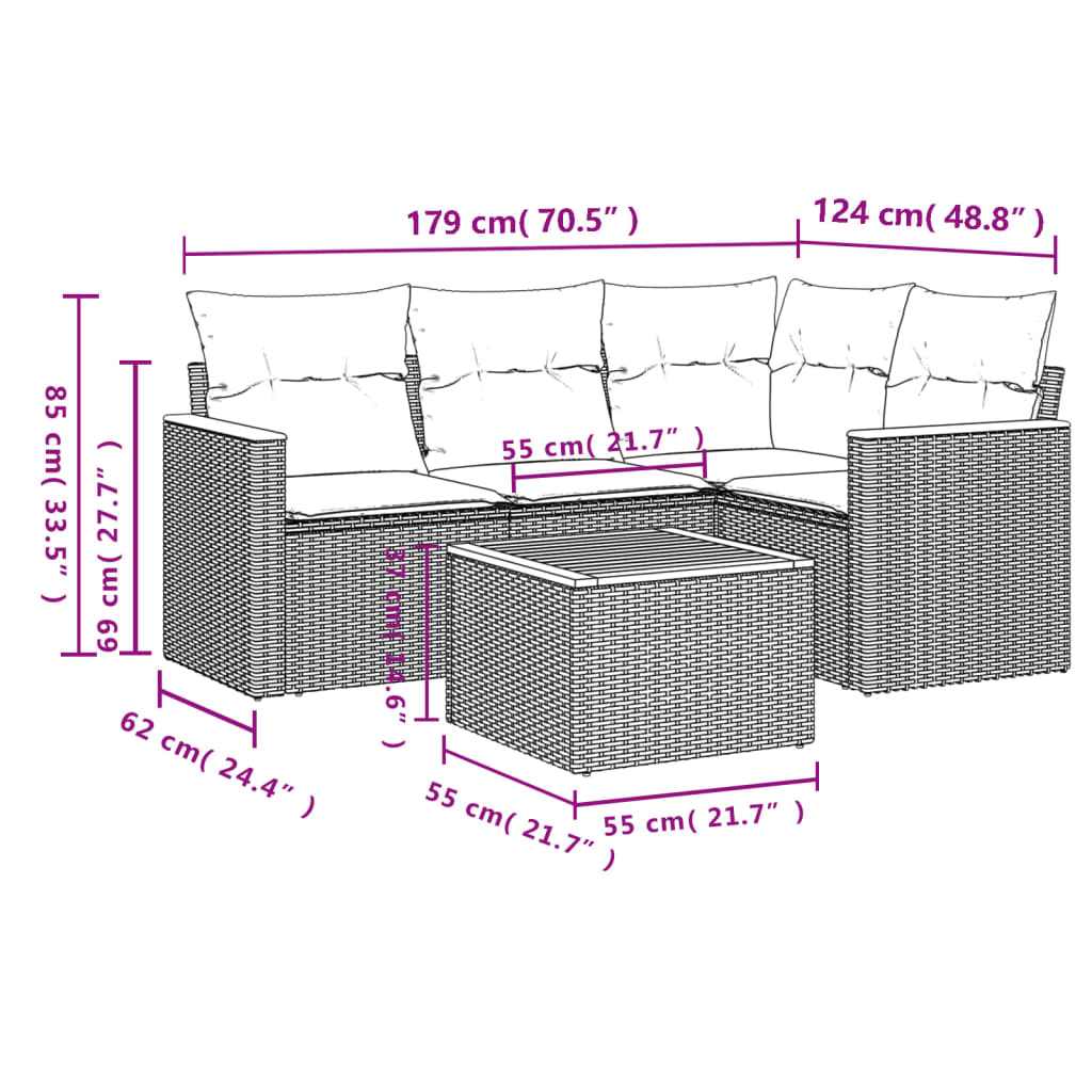 5-dijelni vrtni set sofa s jastucima bež od poliratana 62 x 62 x 69 cm